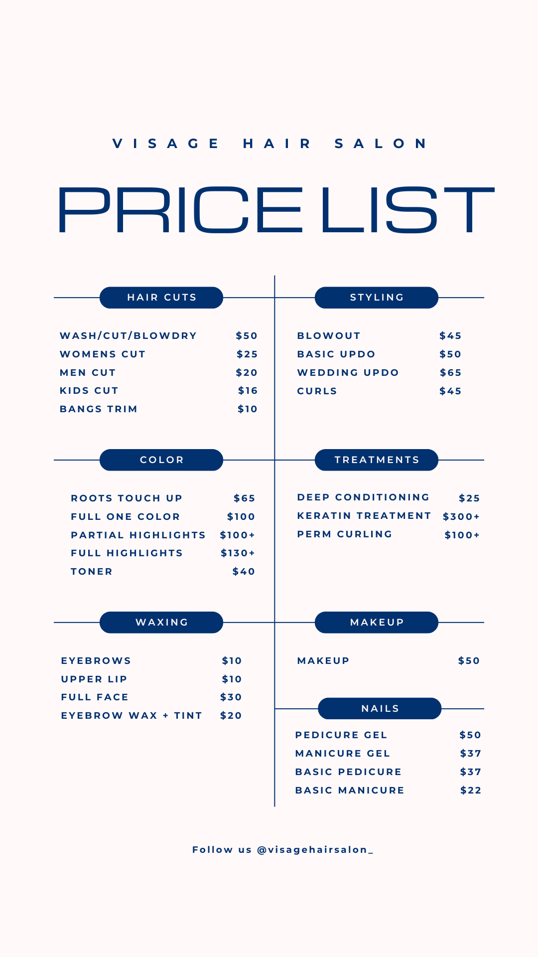 Visage Hair Salon price list for haircuts, color, styling, treatments, waxing, makeup and nails